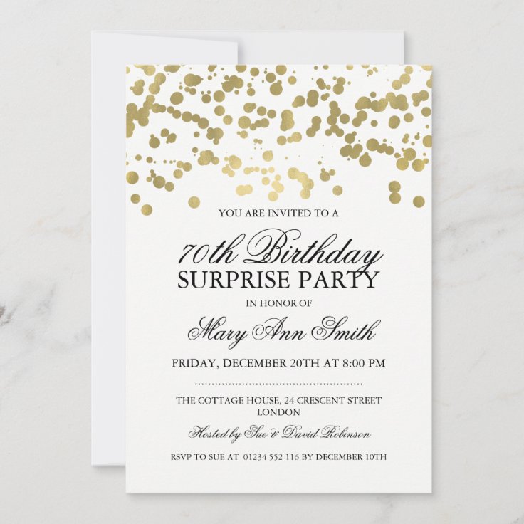 Surprise 70th Birthday Party Gold Foil Confetti Invitation 