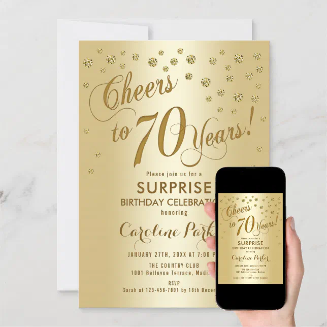 Surprise 70th Birthday Party - Gold Invitation | Zazzle