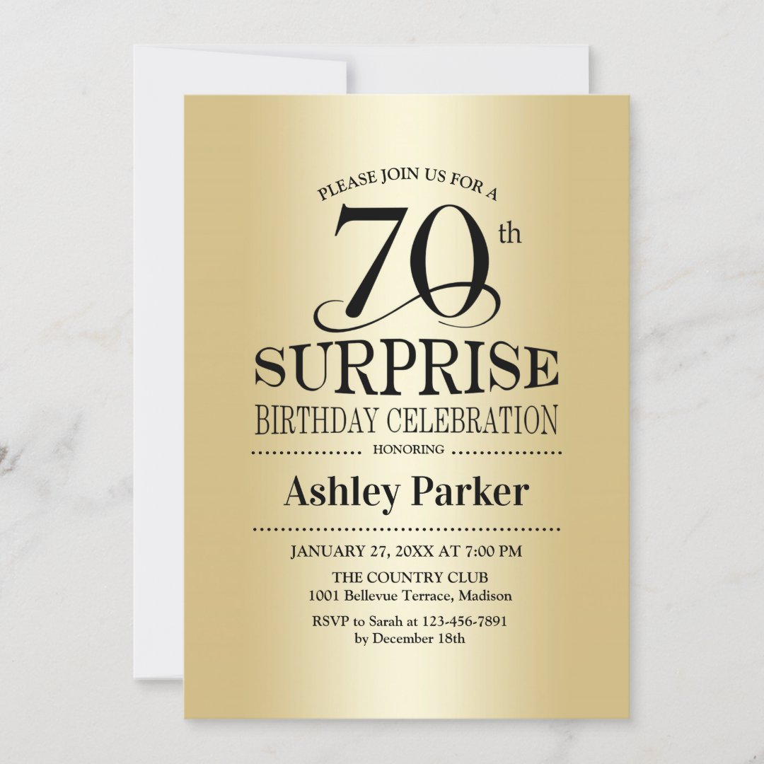 Surprise 70th Birthday Party - Gold Invitation | Zazzle