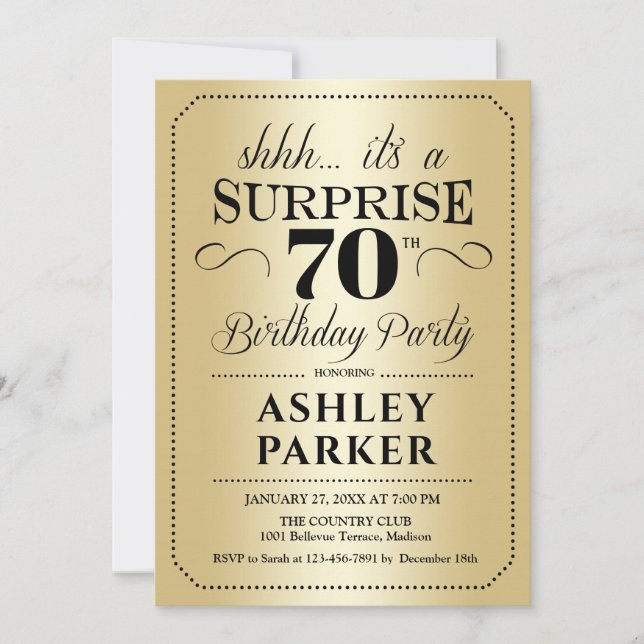 Surprise 70th Birthday Party - Gold Invitation (Front)