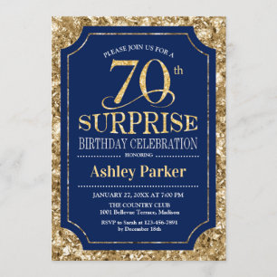 Surprise 70th Birthday Party - Gold Navy Invitation