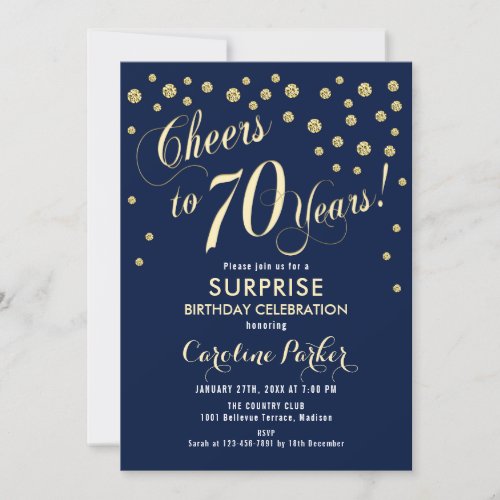 Surprise 70th Birthday Party _ Gold Navy Invitation