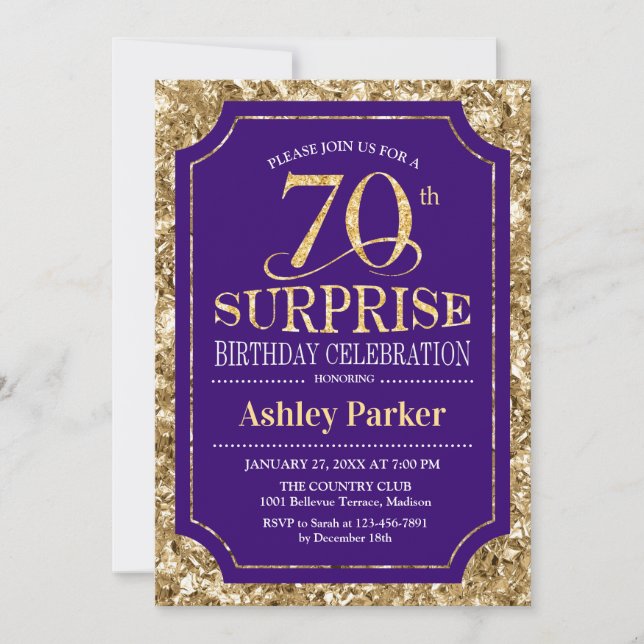 Surprise 70th Birthday Party - Gold Purple Invitation (Front)