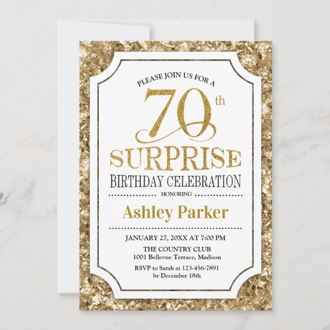 Surprise 70th Birthday Party - Gold White Invitation (Front)