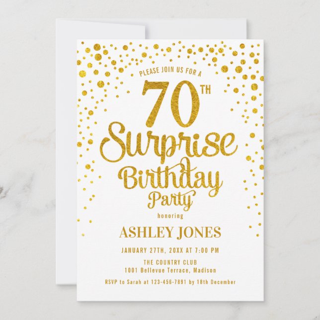 Surprise 70th Birthday Party - Gold & White Invitation (Front)