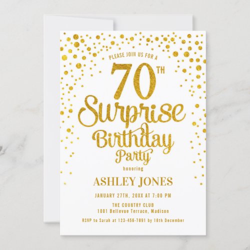 Surprise 70th Birthday Party _ Gold  White Invitation