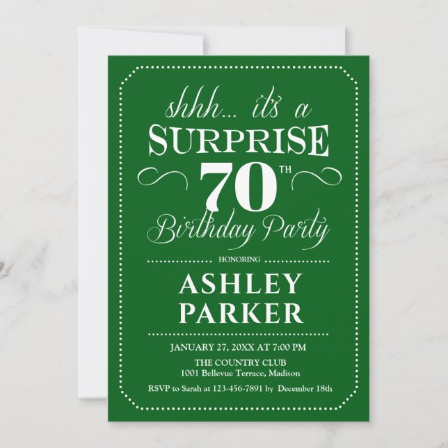 Surprise 70th Birthday Party - Green White Invitation (Front)