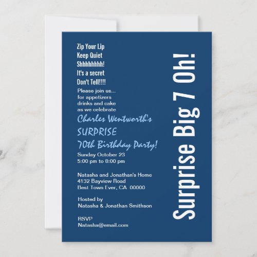 SURPRISE 70th Birthday Party Modern Blue and White Personalized Invite