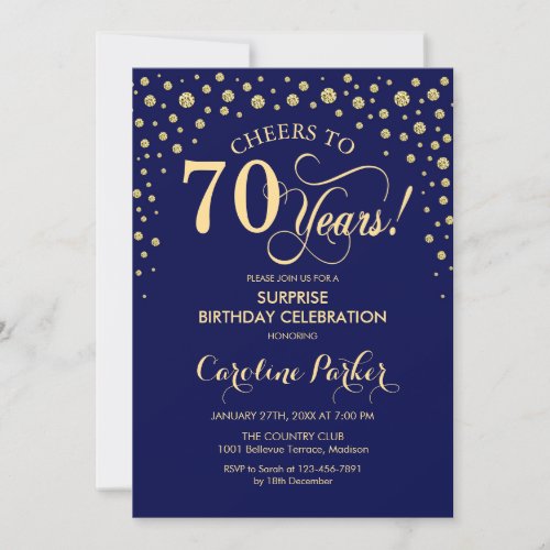 Surprise 70th Birthday Party _ Navy Blue Gold Invitation