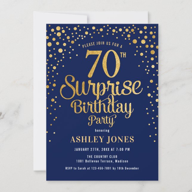 Surprise 70th Birthday Party - Navy & Gold Invitation (Front)