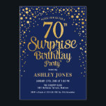 Surprise 70th Birthday Party - Navy & Gold Invitation<br><div class="desc">Surprise 70th Birthday Party Invitation.
Elegant design in navy blue and faux glitter gold. Features stylish script font and confetti. Message me if you need custom age.</div>