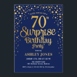 Surprise 70th Birthday Party - Navy & Gold Invitation<br><div class="desc">Surprise 70th Birthday Party Invitation.
Elegant design in navy blue and faux glitter gold. Features stylish script font and confetti. Message me if you need custom age.</div>