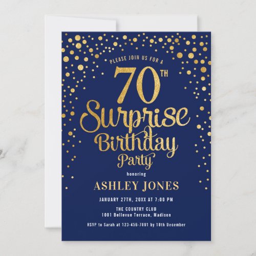 Surprise 70th Birthday Party _ Navy  Gold Invitation