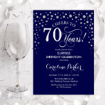 Surprise 70th Birthday Party - Navy Silver Invitation<br><div class="desc">Surprise 70th Birthday Party Invitation.
Elegant design in navy blue and faux glitter silver. Features script font and diamonds confetti. Cheers to 70 Years! Message me if you need further customization.</div>