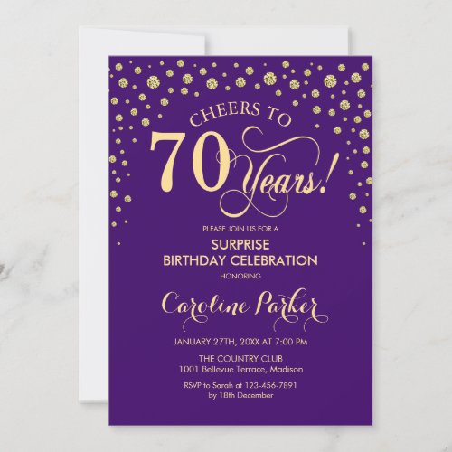 Surprise 70th Birthday Party _ Purple Gold Invitation