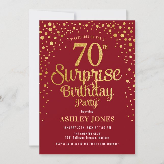Surprise 70th Birthday Party - Red & Gold Invitation (Front)