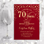 Surprise 70th Birthday Party - Red Gold Invitation<br><div class="desc">Surprise 70th Birthday Party Invitation.
Elegant design in dark red and faux glitter gold. Features script font and diamonds confetti. Cheers to 70 Years! Message me if you need further customization.</div>