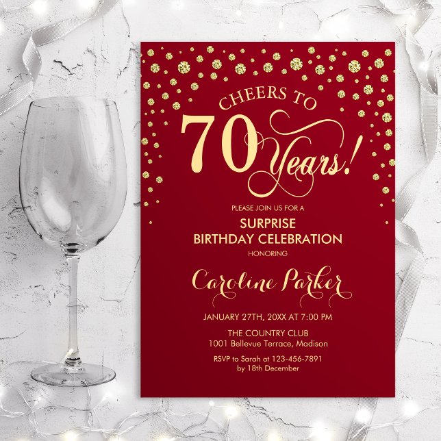 Surprise 70th Birthday Party - Red Gold Invitation