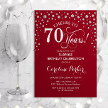 Surprise 70th Birthday Party - Red Silver Invitation<br><div class="desc">Surprise 70th Birthday Party Invitation.
Elegant design in red and faux glitter silver. Features script font and diamonds confetti. Cheers to 70 Years! Message me if you need further customization.</div>