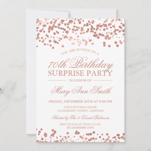 Surprise 70th Birthday Party Rose Gold Foil Invitation | Zazzle