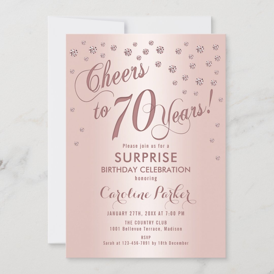 Surprise 70th Birthday Party - Rose Gold Invitation | Zazzle