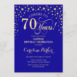 Surprise 70th Birthday Party - Royal Blue Gold Invitation<br><div class="desc">Surprise 70th Birthday Party Invitation.
Elegant design in sapphire royal blue and faux glitter gold. Features script font and diamonds confetti. Cheers to 70 Years! Message me if you need further customization.</div>