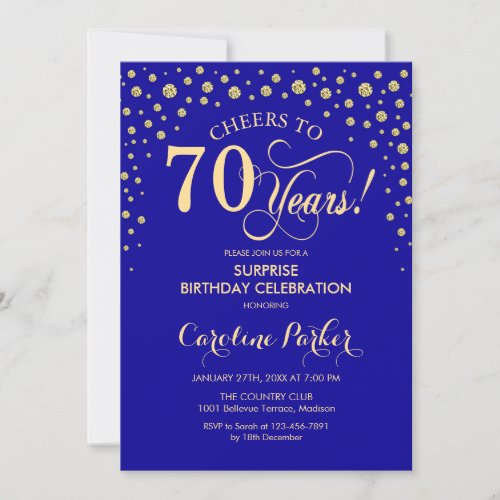 Surprise 70th Birthday Party _ Royal Blue Gold Invitation