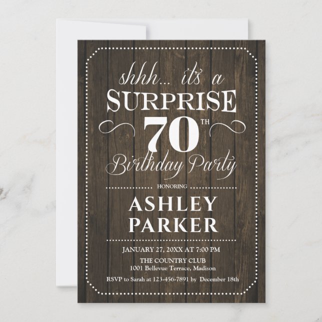 Surprise 70th Birthday Party - Rustic Wood Invitation (Front)