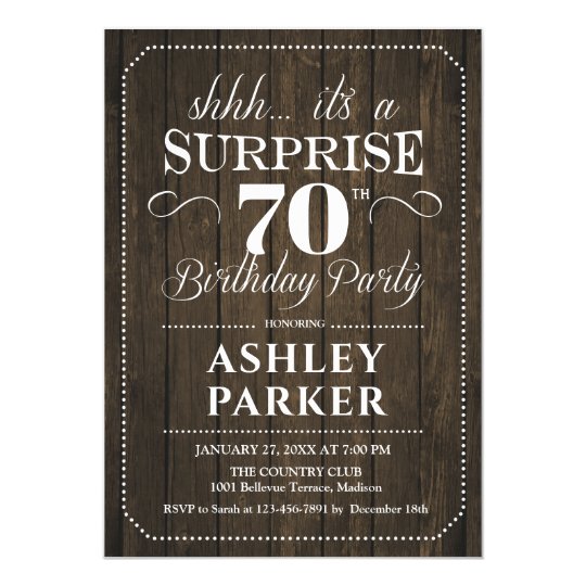 Surprise 70th Birthday Party - Rustic Wood Invitation | Zazzle.com