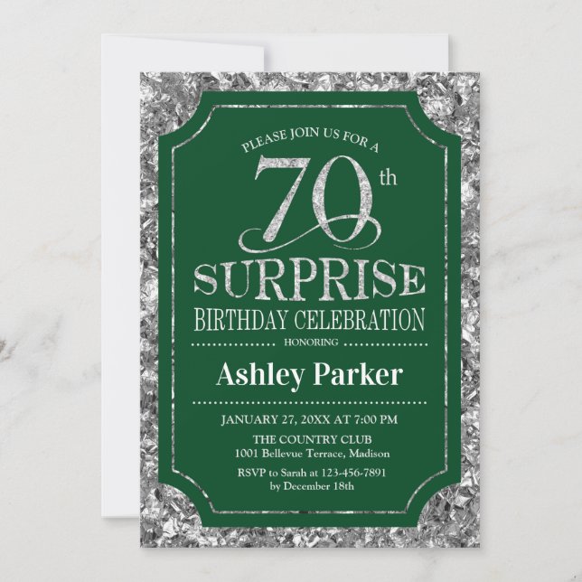 Surprise 70th Birthday Party - Silver Green Invitation (Front)