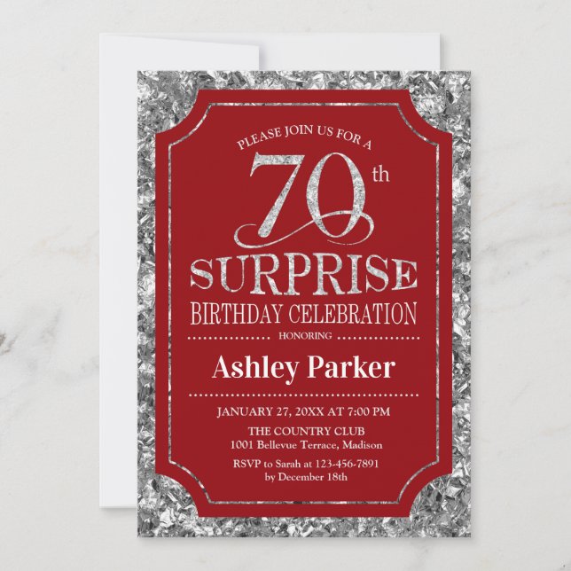 Surprise 70th Birthday Party - Silver Red Invitation (Front)