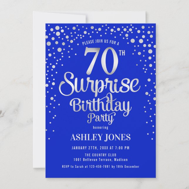 Surprise 70th Birthday Party - Silver & Royal Blue Invitation (Front)