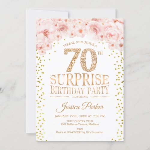 Surprise 70th Birthday Party _ White Gold Pink Invitation