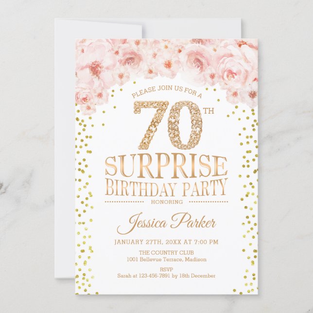 Surprise 70th Birthday Party - White Gold Pink Invitation (Front)