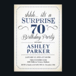 Surprise 70th Birthday Party - White Navy Invitation<br><div class="desc">Surprise 70th Birthday Party Invitation.
Simple classy design in white,  navy blue and black. Features elegant script font. Surprise bday celebration for man or woman. Can be customized into any age!</div>