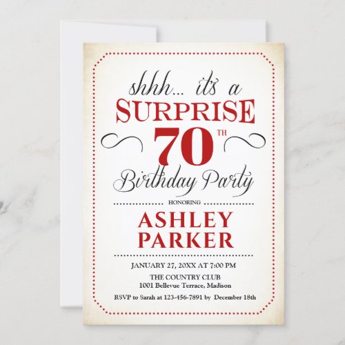 Surprise 70th Birthday Party _ White Red Black Invitation
