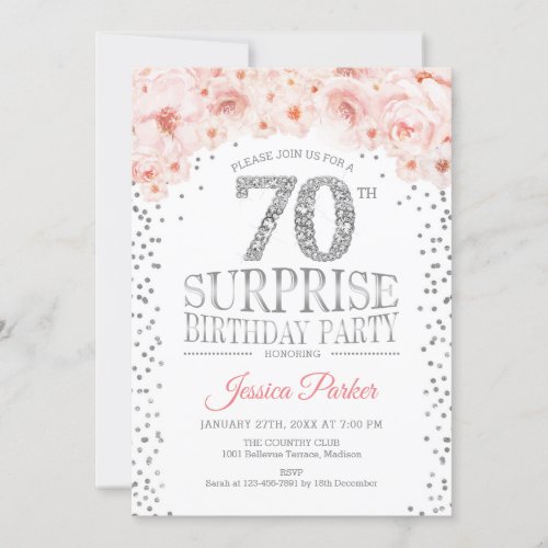Surprise 70th Birthday Party _ White Silver Pink Invitation