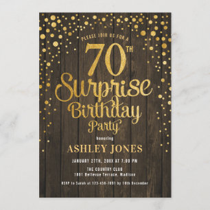 Surprise 70th Birthday Party - Wood & Gold Invitation