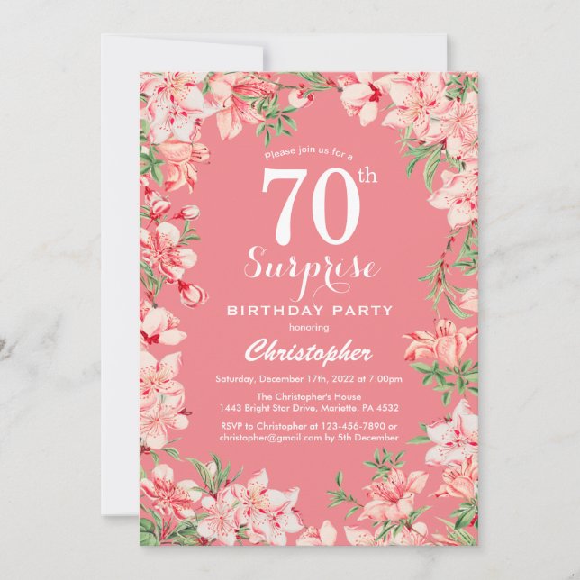 Surprise 70th Birthday Pink Boho Botanical Floral Invitation (Front)