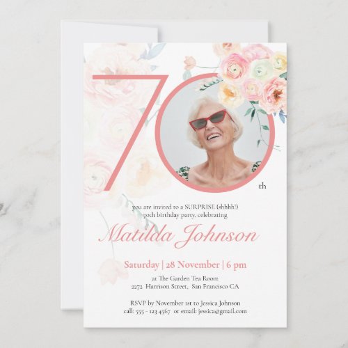 Surprise 70th Birthday Pink Floral Custom Photo Invitation