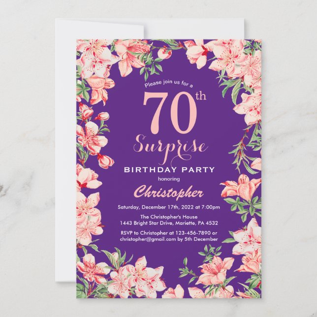 Surprise 70th Birthday Pink Floral Flowers Purple Invitation (Front)