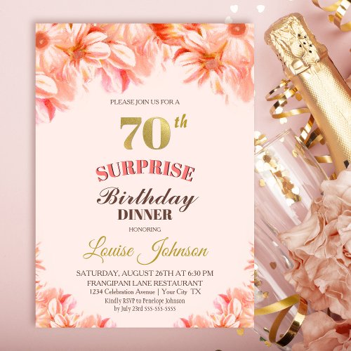 Surprise 70th Birthday Pink Gold Floral Dinner Invitation