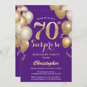 Surprise 70th Birthday Purple and Gold Balloons Invitation (Front/Back)