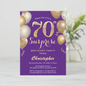 Surprise 70th Birthday Purple and Gold Balloons Invitation (Standing Front)