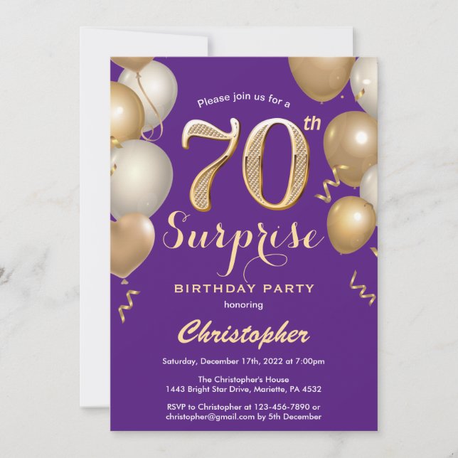 Surprise 70th Birthday Purple and Gold Balloons Invitation (Front)