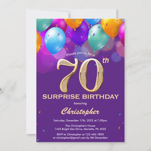 Surprise 70th Birthday Purple and Gold Balloons Invitation (Front)