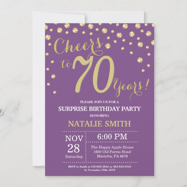 Surprise 70th Birthday Purple and Gold Diamond Invitation (Front)