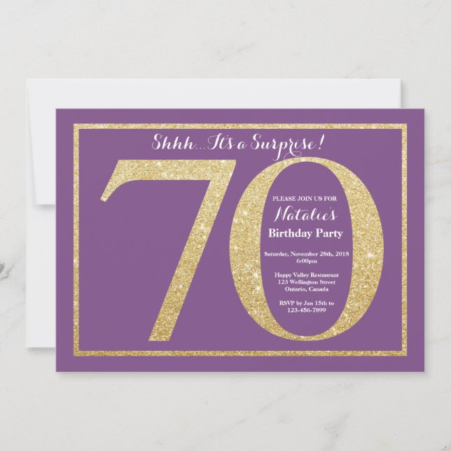 Surprise 70th Birthday Purple and Gold Glitter Invitation (Front)