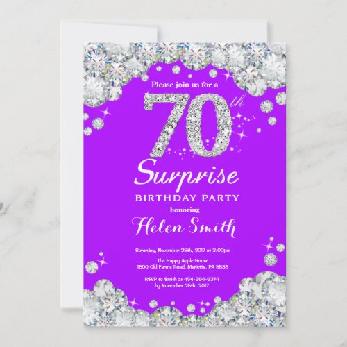 Surprise 70th Birthday Purple and Silver Diamond Invitation