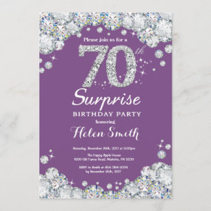 Surprise 70th Birthday Purple and Silver Diamond Invitation